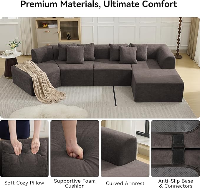 140''Oversized Cloud Velvet Curved Sectional Couch Boneless Couch with L-Shape Chaise Upholstered Compression Memory Foam Modular Sectional Sofa for Living Room No Assembly Required Brown