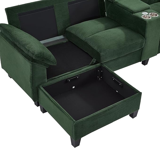 U-Shaped Sectional Cloud Sofa with Storage Console and Cupholders 116-Inch U-Shaped Symmetrical Corduroy Sectional Couch W/2 Ottoman Chaise LoungesUSB-C Ports &amp 2 Pillows