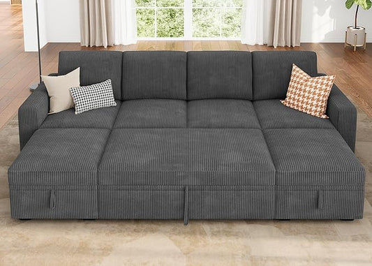 HONBAY Modular Sectional Sleeper Sofa Bed Corduroy Pull Out Couch with Storage Ottoman U Shaped Sectional Couches for Living Room Dark Grey