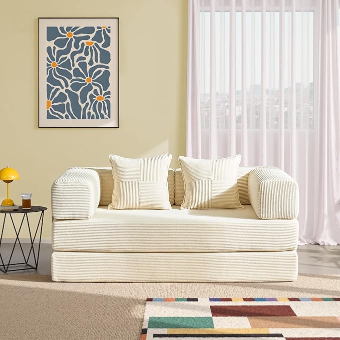 YINIX Sofa Bed 62'' Folding Floor Couch Compressed Convertable Sleeper Sofa Memory Foam Couch with Pillow Back Support Armrest 4-in-1 Futon Sofa Bed for Living Room Ivory