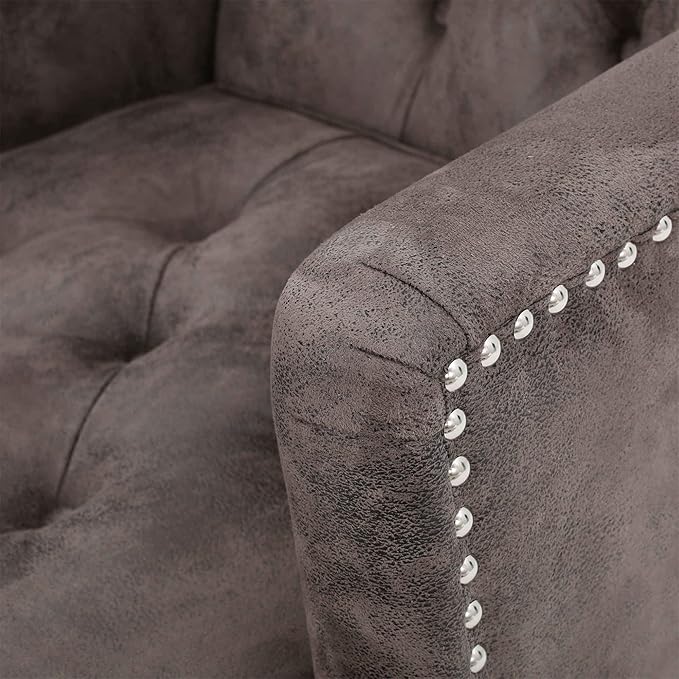 Accent ChairTufted High Back Single Sofa Chair With Naihead DesignUpholstered Chair with Arms And Cushion PaddedLiving Room Chair with Turned Legs for BedroomHome Office (Microfiber Grey+Brown)