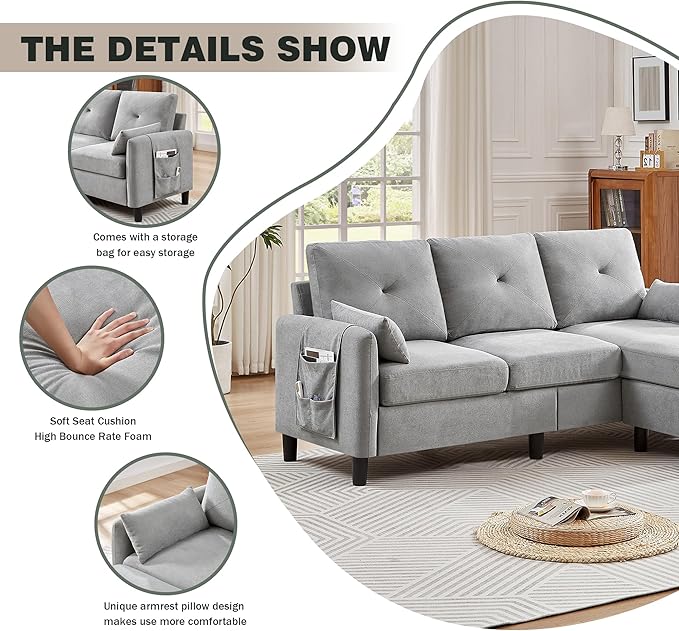 Convertible Sectional Sofa Modern Linen Fabric Sofa Couch with Reversible Chaise 3 Seat L-Shaped Couches for Living RoomOffice Small Apartment Light Grey