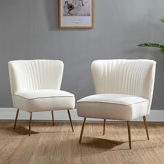 TINA'S HOME Velvet Accent Chair Set of 2 with Metal Golden Legs Upholstered Armless Slipper Chair with Wingback Mid Century Side Chair for Living Room Bedroom Vanity- Ivory