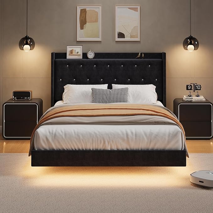 IDEALHOUSE Full Size Bed Frame with LED Lights Floating Platform Bed with Velvet Upholstered Storage Headboard No Box Spring Needed Noise Free Easy Assembly
