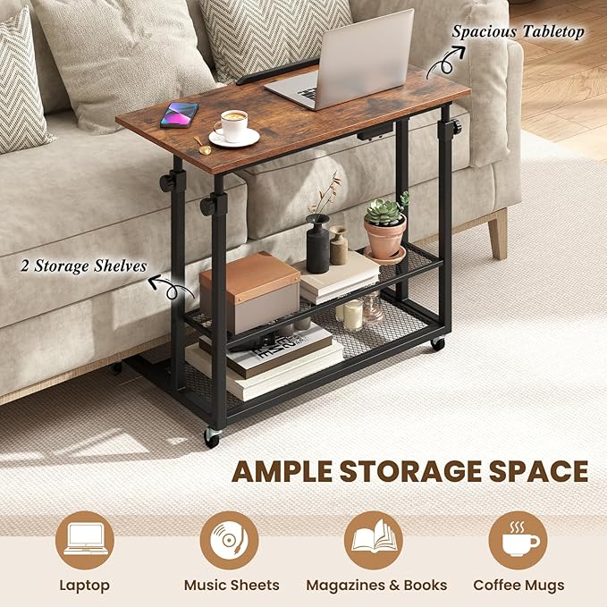 Giantex Mobile Standing Desk Adjustable Rolling Computer Desk w/Tilting Desktop &amp Storage Shelves PC Laptop Table Small Compact Desk on Wheels for Small Space Living Room &amp Bedroom (Rustic