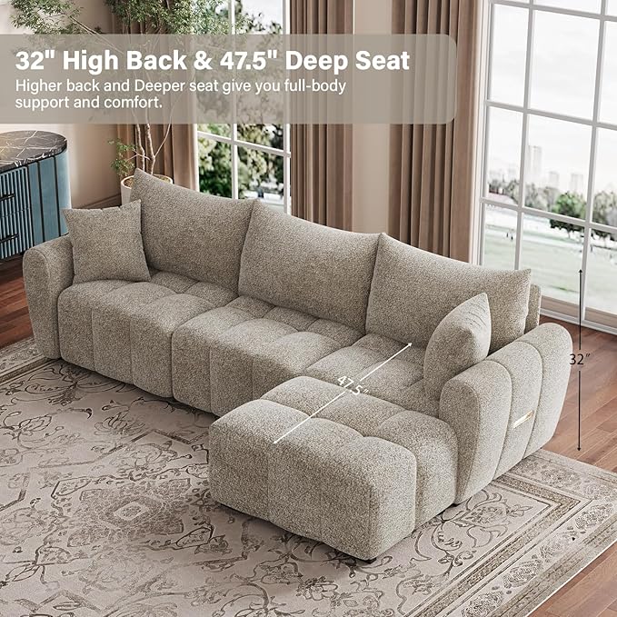110 L Shaped Modern Boucle Sofa Modular Sectional Cloud Couch with Ottoman Tufted 4-Seat Deep Seat Sofa with Pillows for Living Room Bedroom and Apartment Light Brown