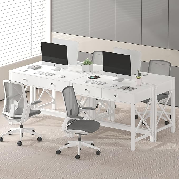 WiberWi Home Office Desk with Drawers White Modern Writing Computer Desk with Power Outlets Small Makeup Vanity Table for Bedroom Study Table for Home Office