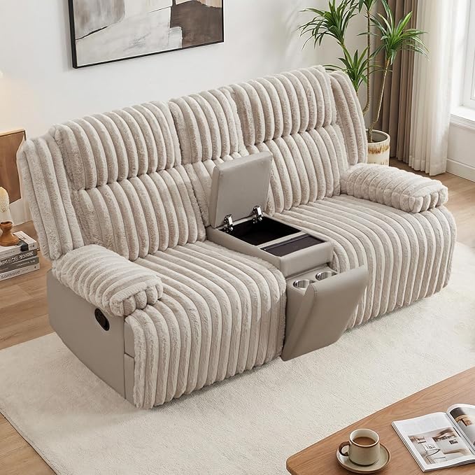 Large Reclining Loveseat with Pillow Top Arm Fluffy Fabric Recliner Sofa with Wireless Charging &amp Hidden Cup Holders Modern Reclining Couch for Living Room/RV/Apartment (Beige 2 Seater)