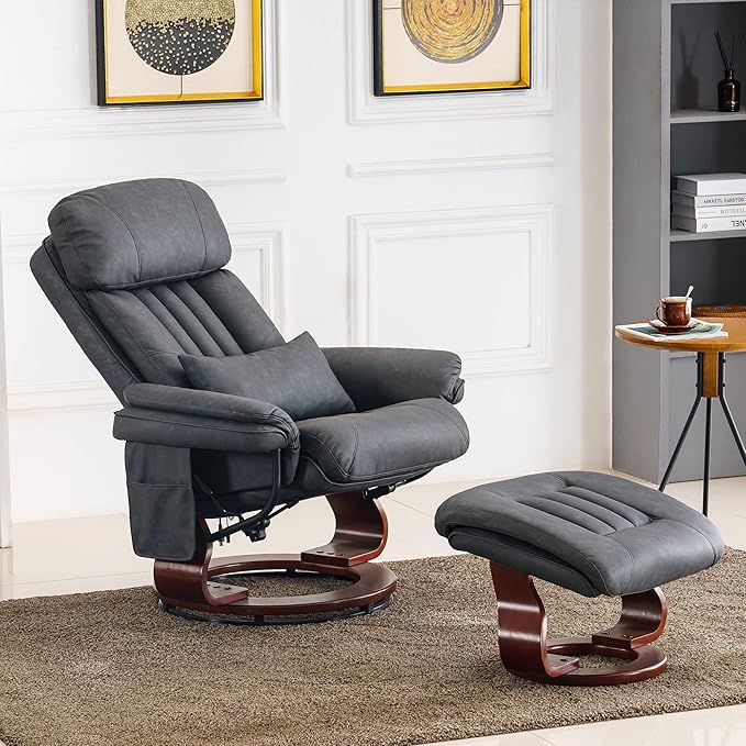 MCombo Swivel Recliner with Ottoman Chenille Fabric TV Chair with Vibration Massage Ideal for RV Small Space Living Room &amp Bedroom 4999 (Faux Leather Dark Grey)