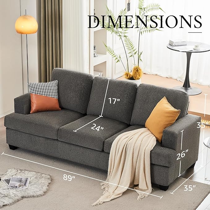 VanAcc 89 Inch Sofa 3 Seater Sofa with Extra Deep Seats Modern Couch- Comfy Couch for Living Room Apartment Lounge Grey Chenille