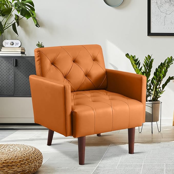 Faux Leather Accent Chair Modern PU Armchair Retro Tufted Upholstered Arm Chair Comfy Leather Club Chair Single Sofa for Living Room Bedroom Reading Room Apartment (Orange)