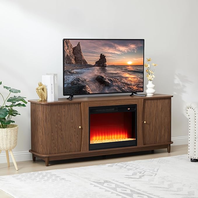 Fireplace TV Stand Fluted TV Stand with Storage and Sliding Door Farmhouse Entertainment Center Media Console Table for Living Room (Walnut)