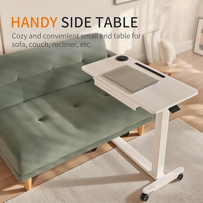 Height Adjustable Overbed Table with Drawer and Wheels Rolling Standing Laptop Desk Portable Bedside Tables with Slot Cup Holder Mobile Pneumatic Computer Cart White