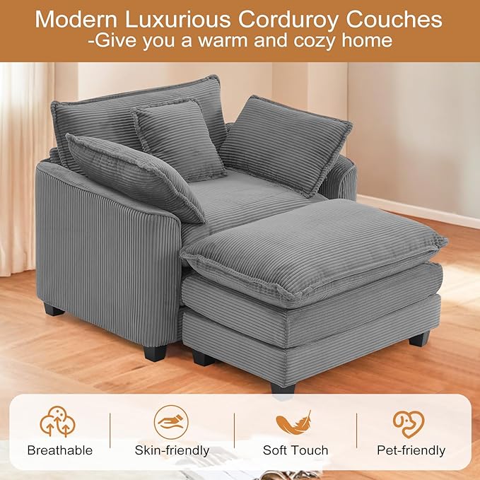 Furniliving Oversized Accent Chair with Ottoman Luxury Corduroy Single Sofa Upholstered Deep Seat Chaise Lounge with Pillows for Living Room Bedroom Apartment Grey