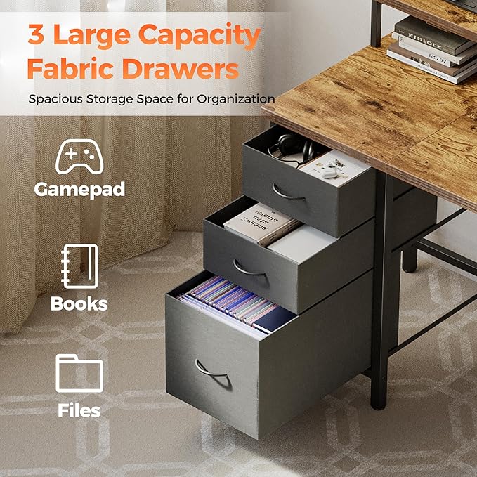 Mericonia Computer Desk 63 inch with Power Outlets &amp LED Lights Gaming Desk with 3 Drawers for Home Office Small Desk with Monitor Stand for Small Spaces Study Writing Desk