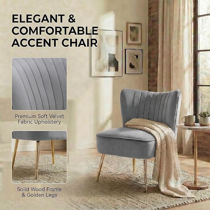DUOMAY Modern Accent Chair Set of 2 Velvet Slipper Chair with Gold Legs Wingback Side Chair for Living Room Bedroom Entryway Small Corner Chair for Space Saving Grey