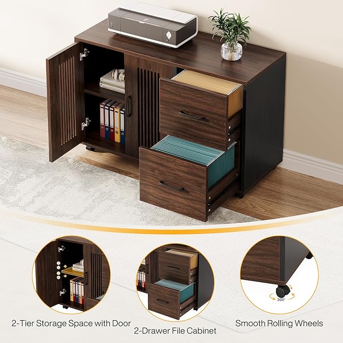 Tribesigns 63-Inch Executive Desk Large Office Desk with Mobile File Cabinet Modern L-Shaped Computer Desk Business Furniture with Door Storage Cabinet for Home Office Dark Walnut &amp Black