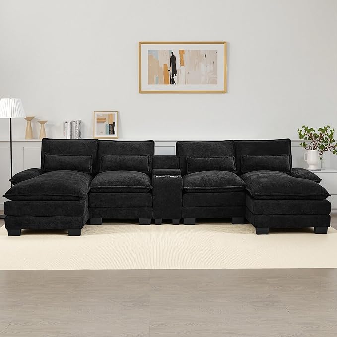 125 U Shaped Cloud Modular Sectional Couch for Living Room Small Comfy Chenille Sofa with Double Chaise Lounge Storage Central Console Cup Holders USB PortBlack