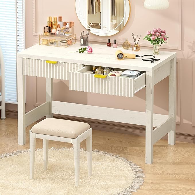 Fluted Computer Desk with 2 Drawers 39 Inch Small Computer Desk with Storage Compact Writing Study Vanity Desk for Small Spaces White