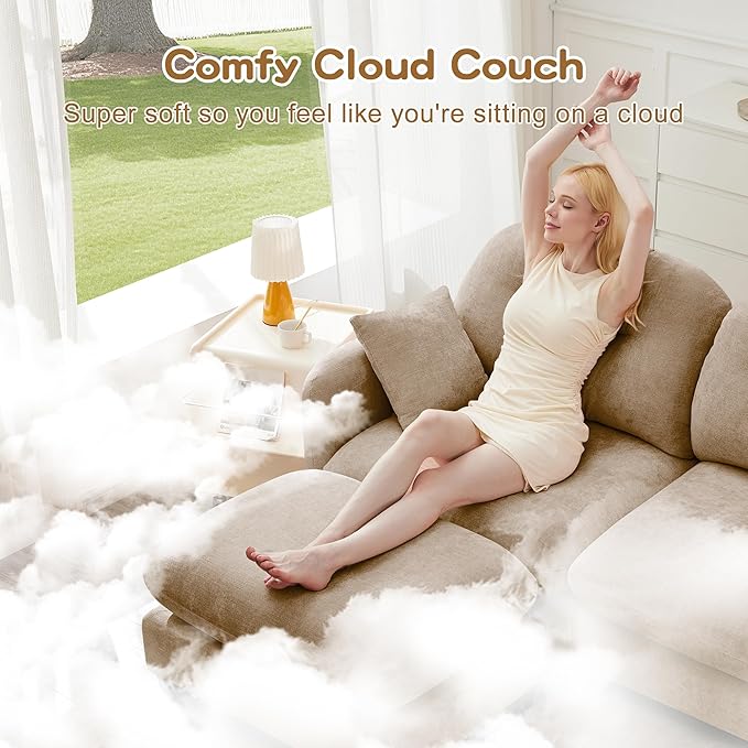 107 L Shaped Sofa for Living Room Comfy Chenille Fabric Cloud Sectional Couch Modern Upholstered Deep Seat Sofa with Pillow and Movable Ottoman Oversized Sectional Sofa Camel