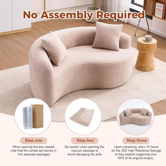 Luxury Modern Chenille Sectional Sofa Tai Chi Curved Compression Sofa Boucle Cozy Soft Loveseat for Living Room Apartment Office (Beige)