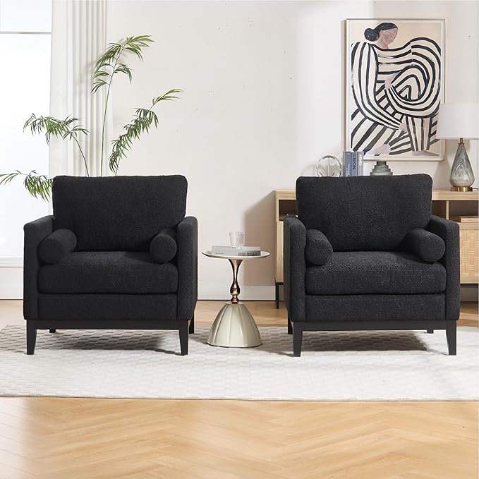 Mlmh &amp Kngwa 35.43 W Modern Accent Chair Set of 2 Upholstered Accent Chairs Single Sofa Chair with Wood Black Finish Legs Comfy Wingback Armchair for Living Room Bedroom Black