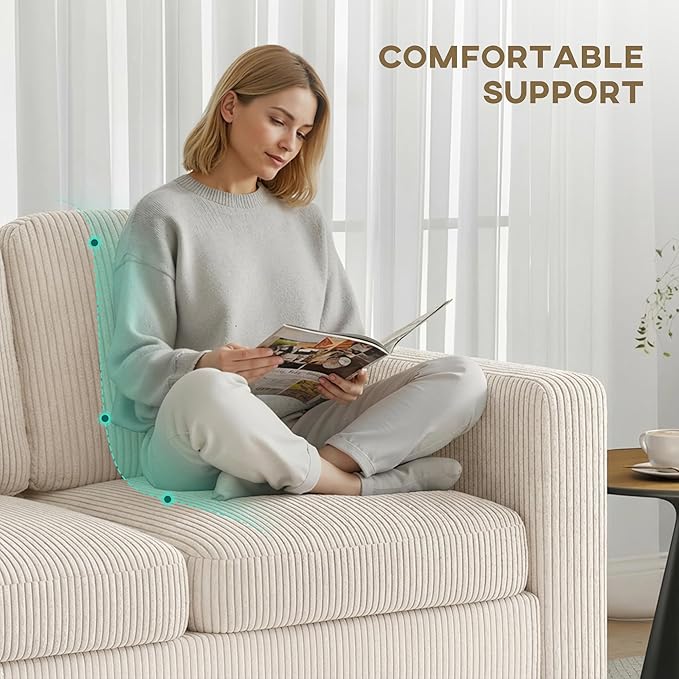 HOMCOM 73 Sectional Sofa L Shaped Couch with Reversible Chaise or Ottoman Corduroy 3 Seat Sectional Couch for Living Room Bedroom Apartment 2200lb Capacity Cream White