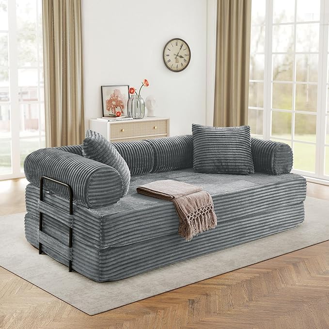 Antetek Modular Couch Bed Convertible Folding Plush Corduroy Comfy Floor Compression Loveseat Sleeper Sofa Couch King Size Bed for Guest Room Living Room Bedroom No Assembly Required Light Grey