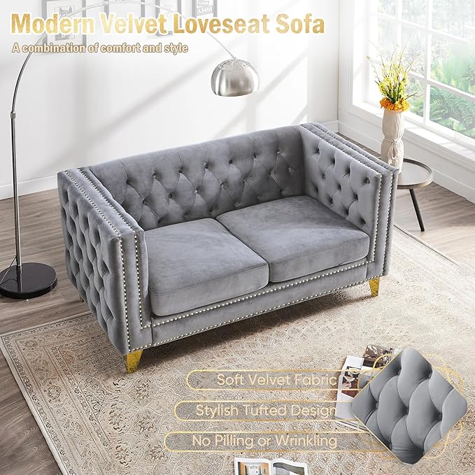 58-Inch Velvet Loveseat Sofa Comfy Couch for Living Room Modern Sofa with Tufted Back and Rivet Decoration Upholstered Small Love Seat with Solid Golden Metal Tapered Legs Grey