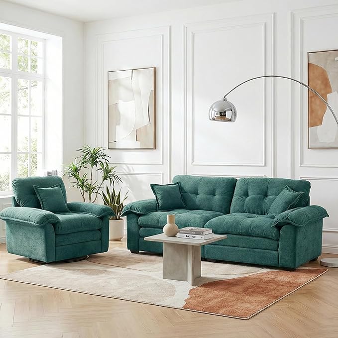 Modern 84 Loveseat &amp 360° Swivel Accent Chair Combo Set Plush Chenille Fabric with Padded Seat &amp 3 Decorative Pillows for Apartment Living Room Bedroom Home Office (Teal 2-Piece Set)