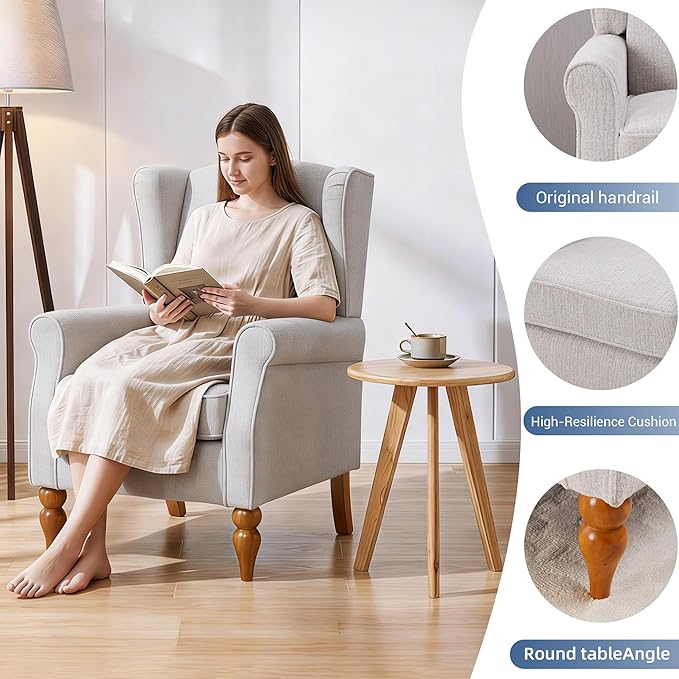 Modern Wingback Living Room Chair Upholstered Accent Armchair Single Sofa Chair with Lounge Seat and Wood Legs for Office/Bedroom/Reading Spaces Beige
