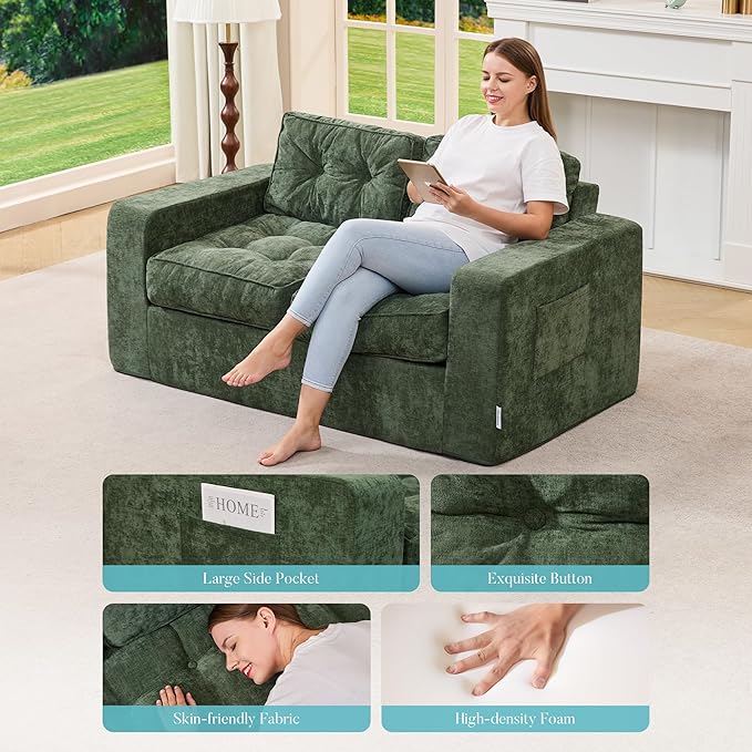 Hobestluk Sofa Couch Loveseat Sofa with Chenille Fabric 2-Seater Sofa for Small Spaces Comfortable Foam Floor Sofa 2 in 1 Boneless Couch for Living Room Bedroom Apartment or Office (Green Loveseat)
