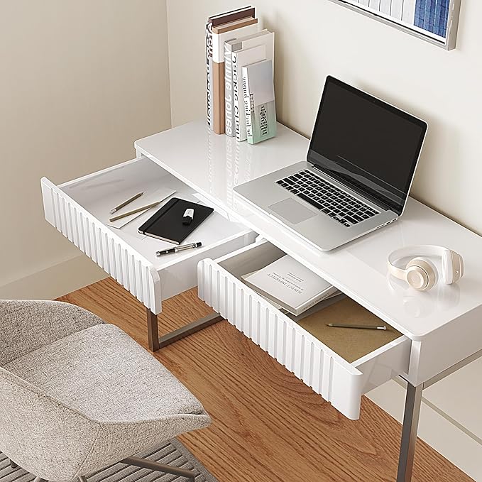 Modern Multi-Purpose Desk White &amp Antique Brass 43 L x 15.75 W 2 Large Drawers Computer/Vanity/Study Adult Size