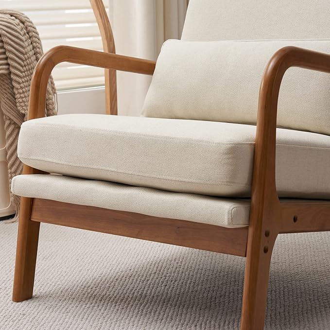 Accent Chair for Living Room Mid-Century Modern Lounge Chair with Solid Wood Legs Comfortable Reading Armchair with High Back for Office Apartment Bedroom Waiting Room Beige