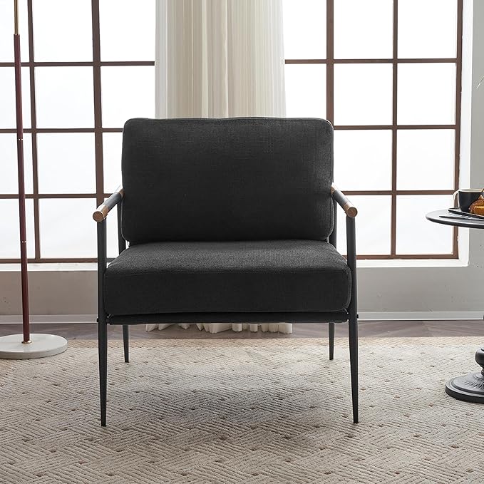 Leisure Lounge Chair Arm Chair with Metal e Upholstered Side Chair Comfy Sitting Chair for Living Room Black Chenille DC633
