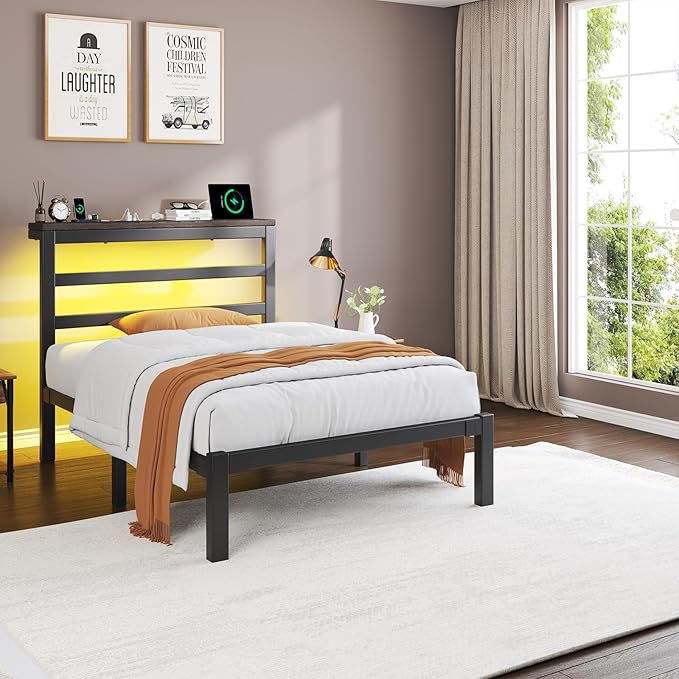 Twin Size Bed Frame with Storage Headboard Industrial Platform Bed with Charging Station and LED LightsUnderbed Storage Space No Box Spring Needed Easy Assembly Modern Black