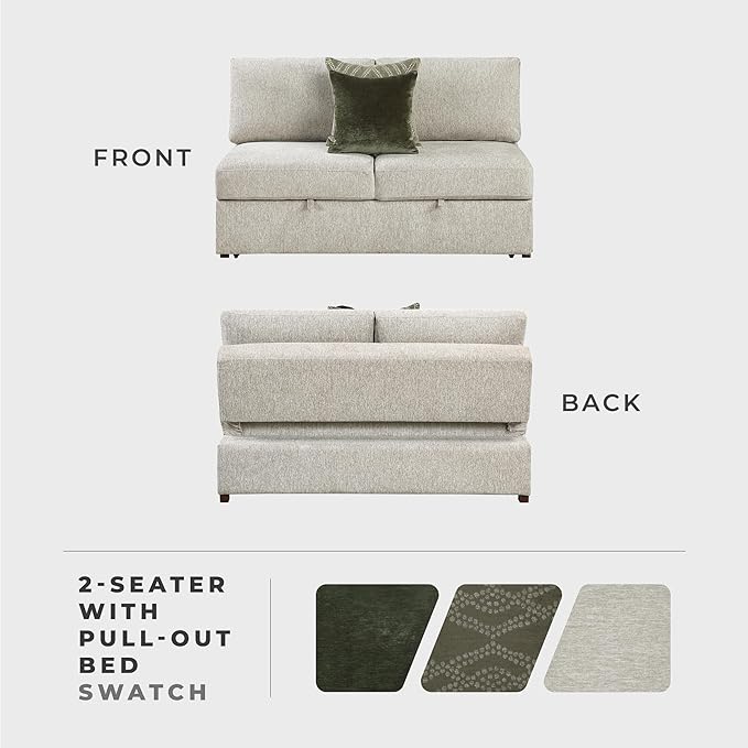 Lexicon Modular Sectional Sofa Module for Sectional Couch Armless Convertible 2 Seater with Pull-Out Bed Adjustable Backrests Removable Back Cushion Cover 2 Pillows Microfiber Sand