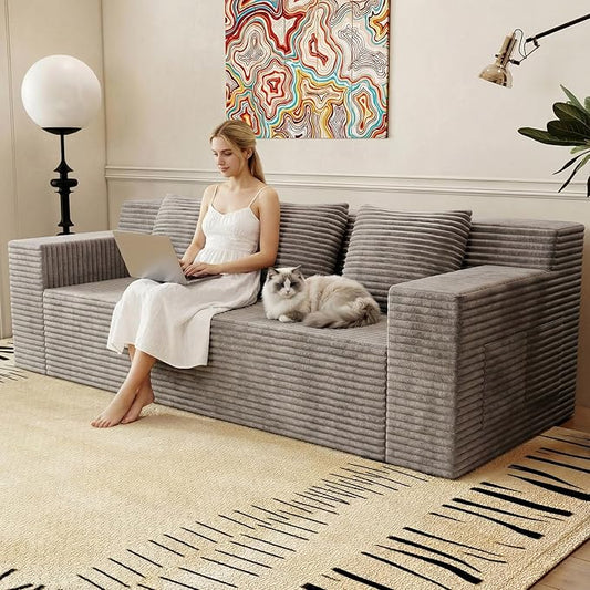 71 Love Seat Couches Corduroy Boneless Loveseat with Deep Seats 2 Seat Couch Apartment Size Couch with 3 Pillows&ampSide Pockets for Bedroom Office No Assembly Required Camel