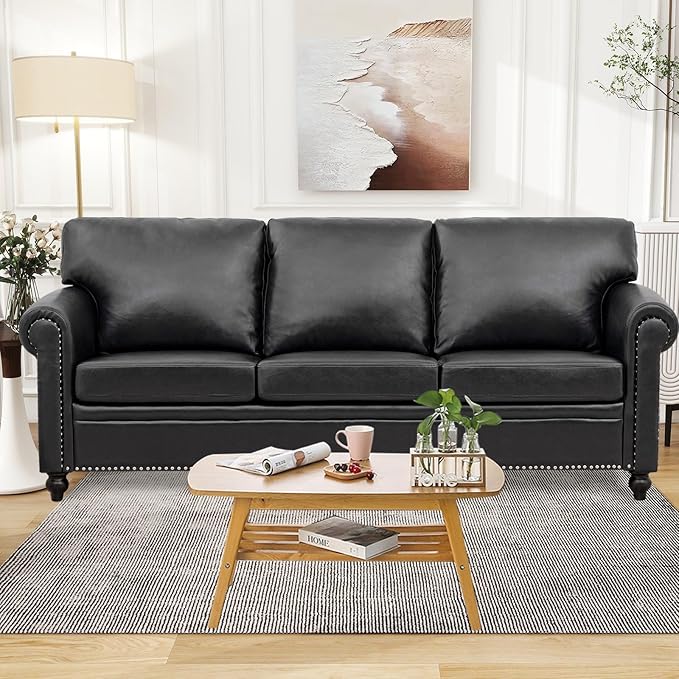 84'' Black Faux Leather 3-Seater Office Couch with Rivet Rolled Arms Modern Mid-Century Sofa for Living Room Apartment and Office. Easy Assembly (Black PU One Sofa)