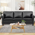84'' Black Faux Leather 3-Seater Office Couch with Rivet Rolled Arms Modern Mid-Century Sofa for Living Room Apartment and Office. Easy Assembly (Black PU One Sofa)