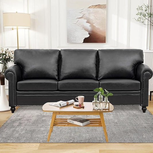 84'' Black Faux Leather 3-Seater Office Couch with Rivet Rolled Arms Modern Mid-Century Sofa for Living Room Apartment and Office. Easy Assembly (Black PU One Sofa)