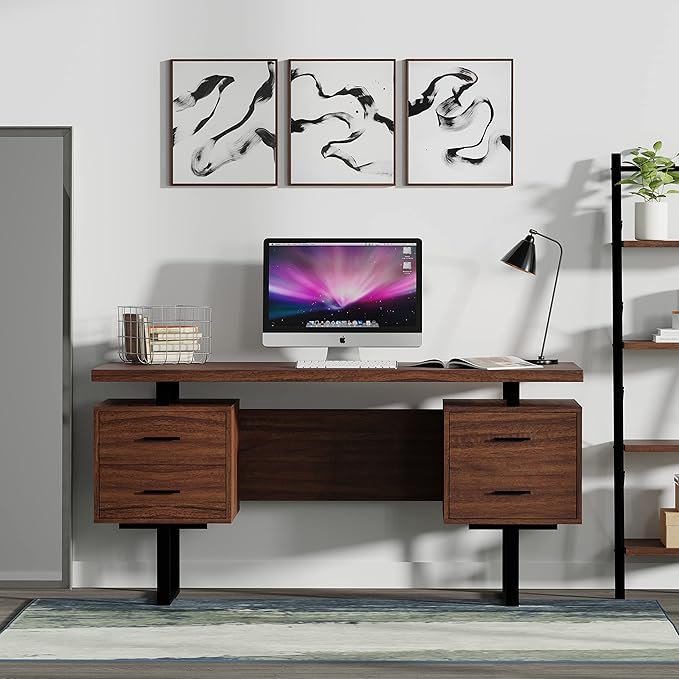 60'' Mariposa Home Office Computer Desk - Walnut Top Walnut Base Black Metal Black Hardware