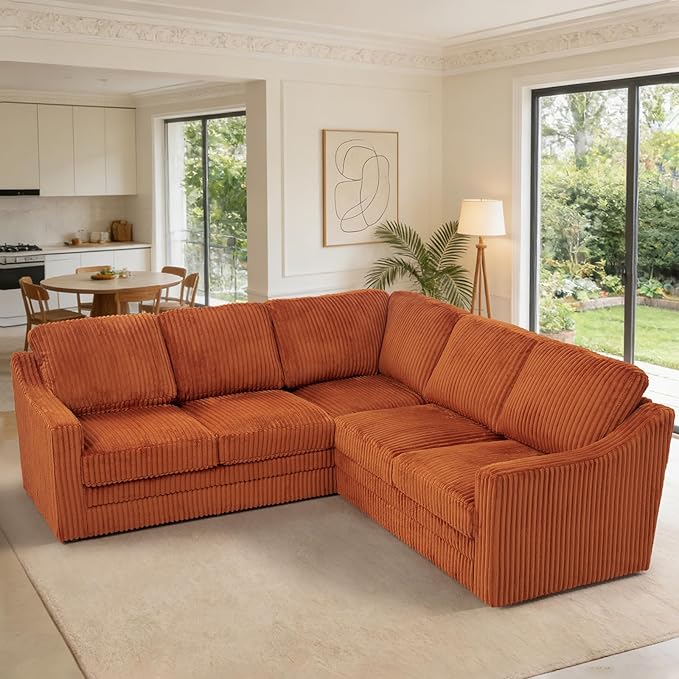 89 Inches Corduroy Sectional Sofa with High Density Sponge Modern 5 Seats Corner Couch with Deep Seat Comfy Modular L Shaped Couch with Comfortable Back Cushions for Living Room Orange