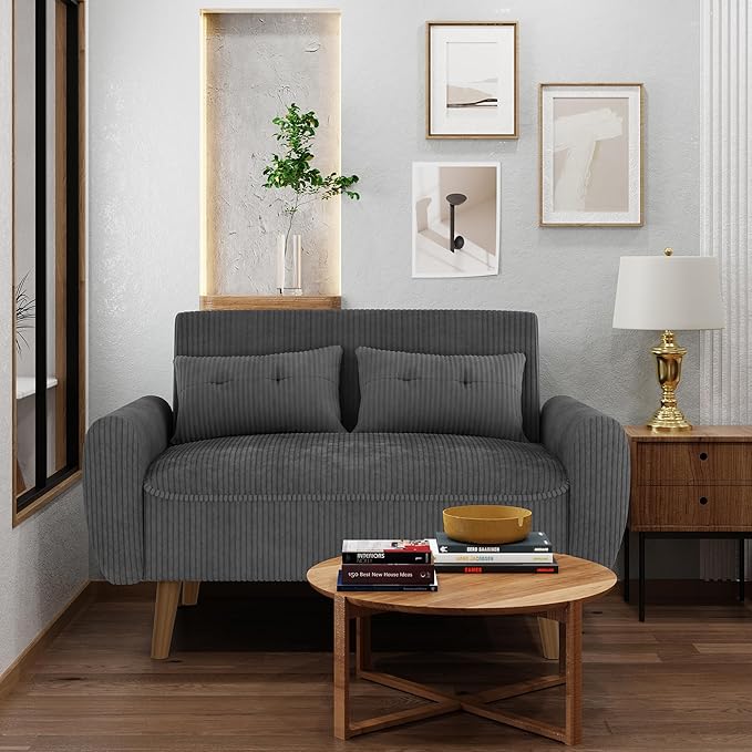 Shintenchi Small Modern Loveseat Couch Sofa Mid Century Fabric Upholstered 2-Seat Sofa Couch Love Seats Furniture for Small Space Dark Grey