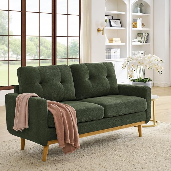 67.7 Green Loveseat Sofa Couch Mid-Century Modern Love Seat Couches for Living Room Button Tufted Upholstered Small Loveseats for Small Space Office Bedroom with Wooden Legs