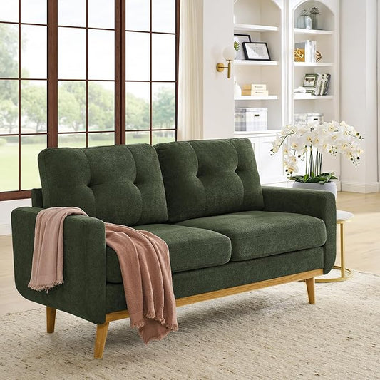 67.7 Green Loveseat Sofa Couch Mid-Century Modern Love Seat Couches for Living Room Button Tufted Upholstered Small Loveseats for Small Space Office Bedroom with Wooden Legs