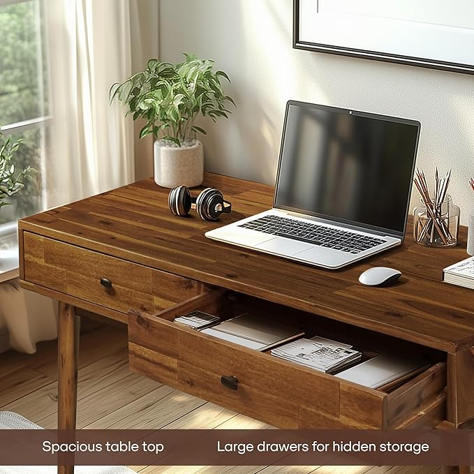 Acacia Lagom 48 Solid Wood Work Desk with Drawers Home Office Desk Office Furniture Work Table for Home Office Scandinavian Style Wood Work Desk for Home Office Walnut