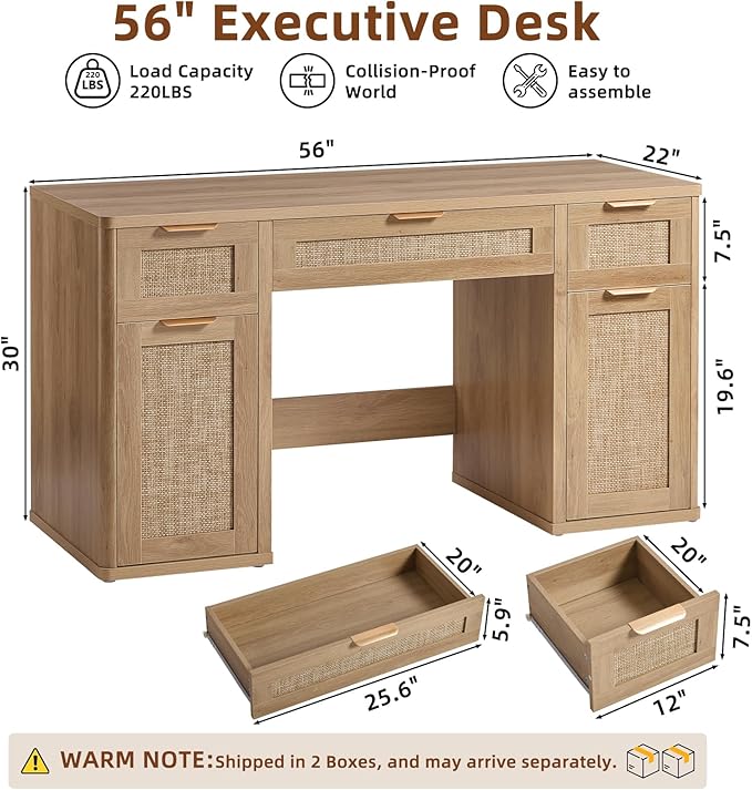 LEYAOYAO Office Desk 56 with 5 Drawers Storage File Cabinet Rattan Wood Desk for Computer Office Bedroom Home Furniture Natural