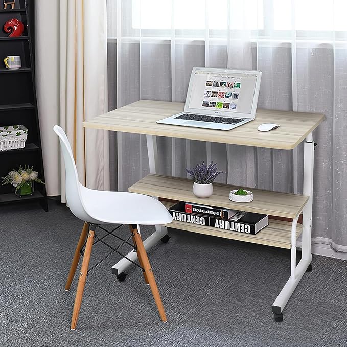 Moblie Standing Computer Workstation with Wheels for Bedroom Home Office with Storage Layers Height Adjustable Sofa Desk - 4 Locking Wheels Writing Tray