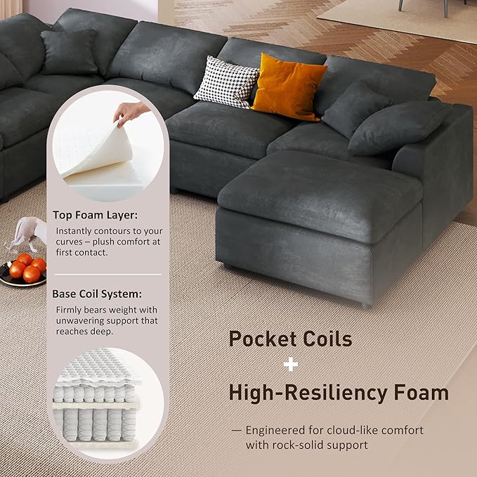 124.8 W Modular Sectional Sofa L Shaped Modern Couch with Ottoman Deep Seat and Wide Chaise for Living Room Gray